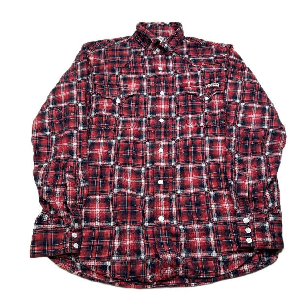 Lucky Brand Western Flannel Shirt Mens Medium Red Plaid Snap Long‎ Sleeve